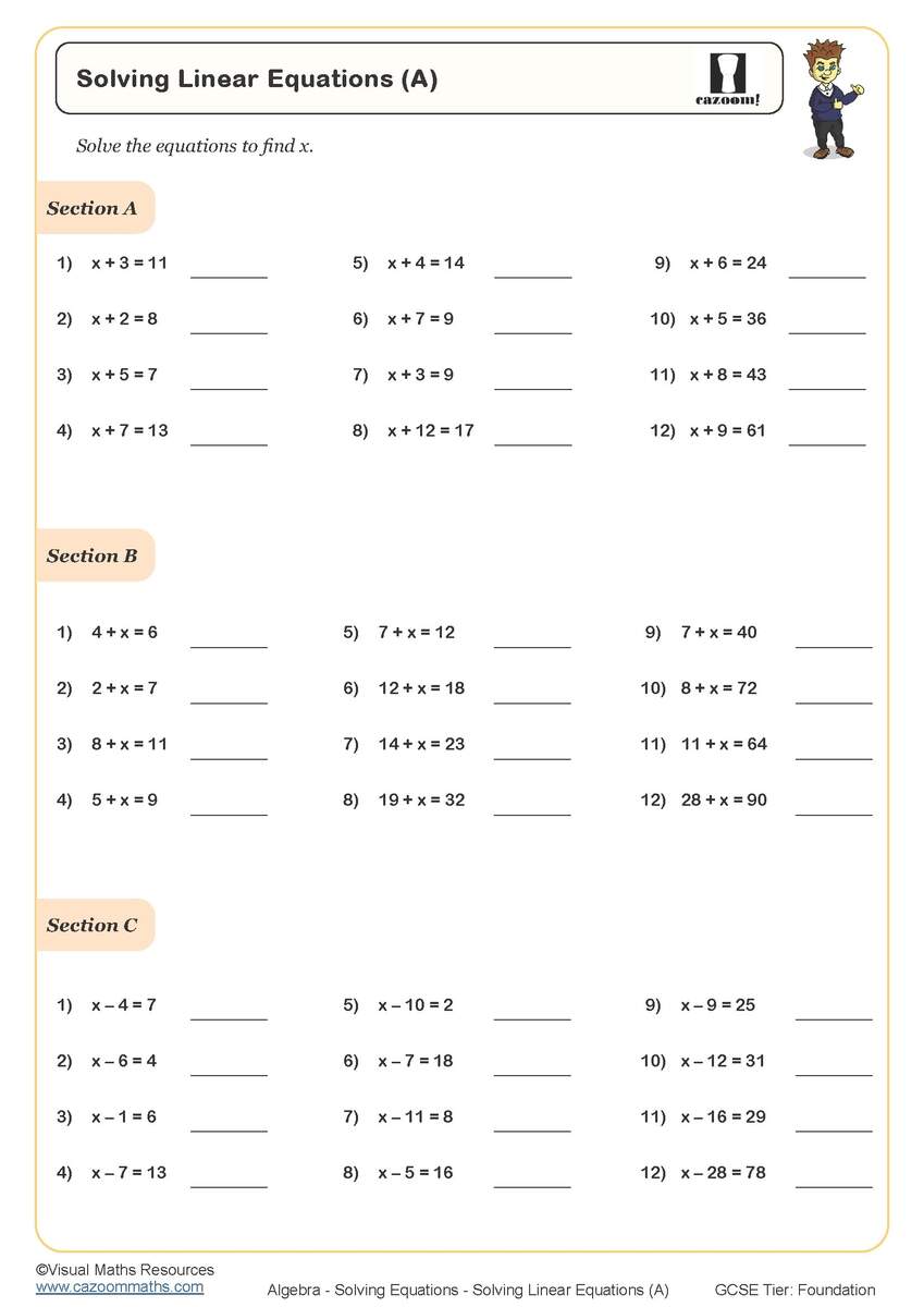 Solving Linear Equations C Worksheet Printable Maths Worksheets Free Worksheets For Linear Equations Grades 6 9 Pre Algebra Algebra 1