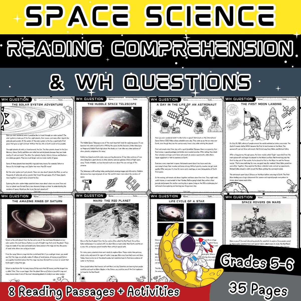 Space Science Reading Comprehension 8 Passages With WH Questions Grades 5 6 Worksheets PDF Printable Etsy
