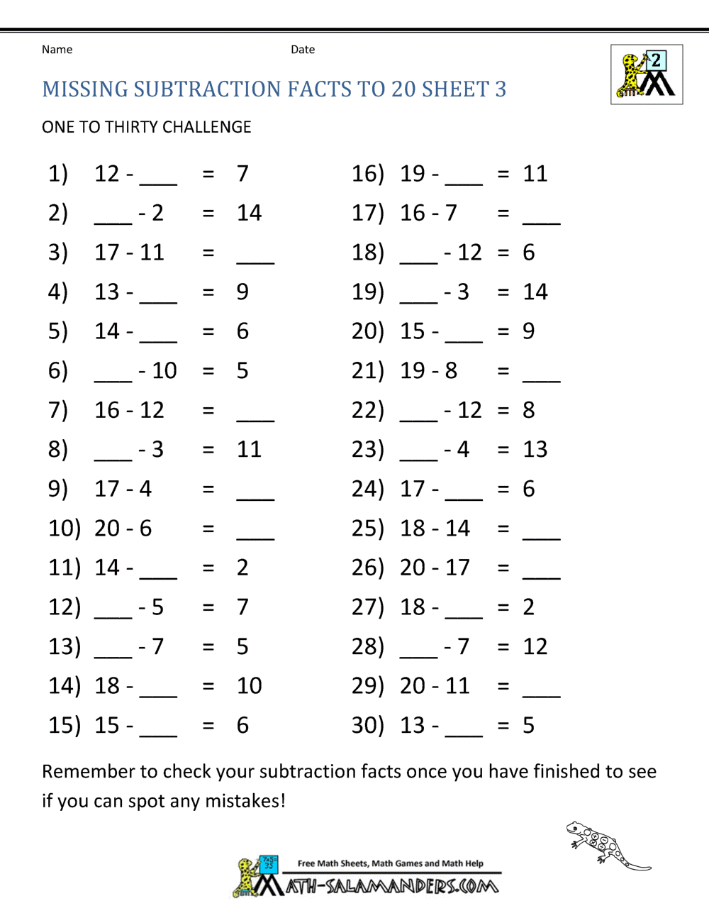 Subtraction Facts To 20 Worksheets