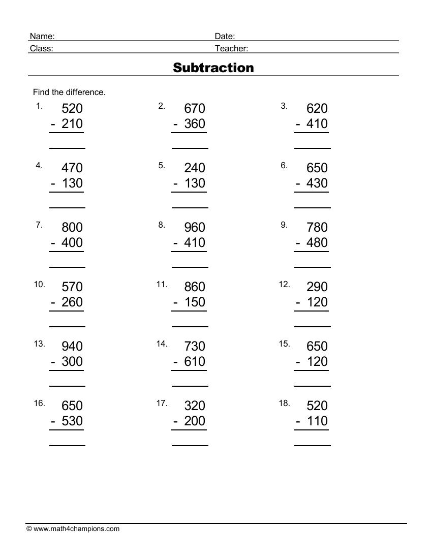 Subtraction Math Worksheets Pdf Printable Math Champions