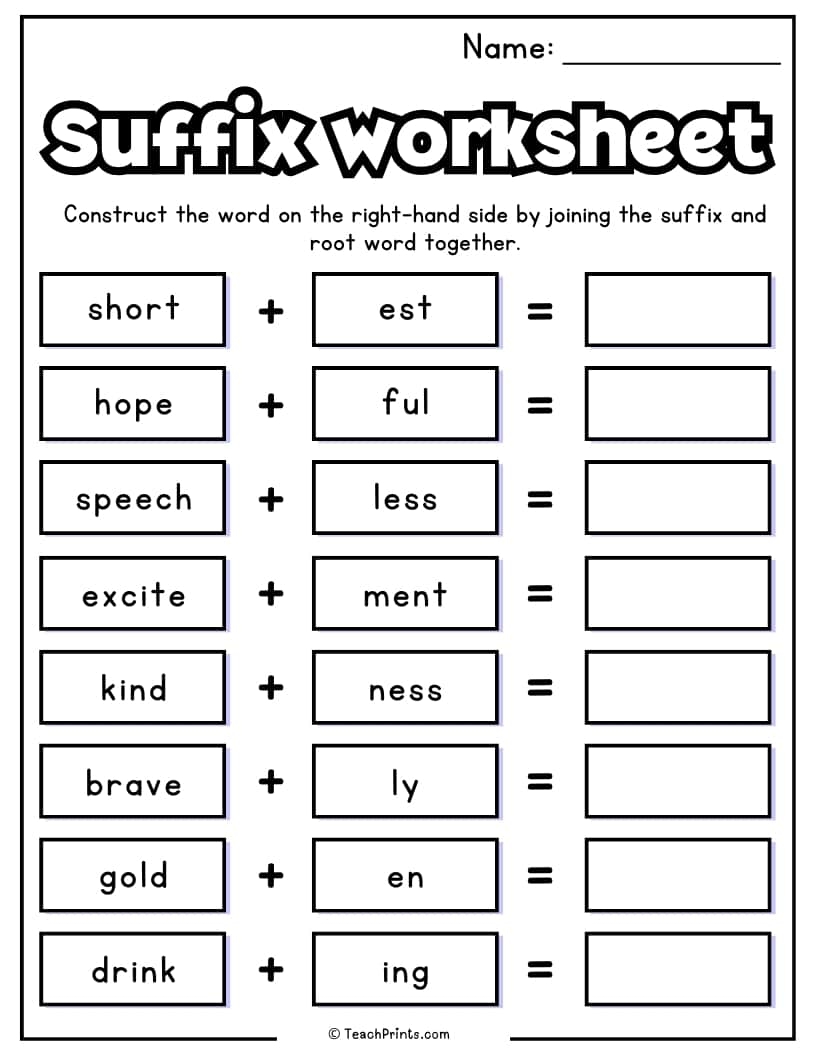 Suffixes Worksheets Printable Word Endings Practice
