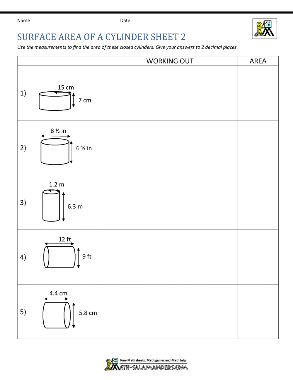 Surface Area Of A Cylinder Surface Area Of Cylinders Worksheet Printable PDF For Year 9 And Year 10 Geometry Worksheet