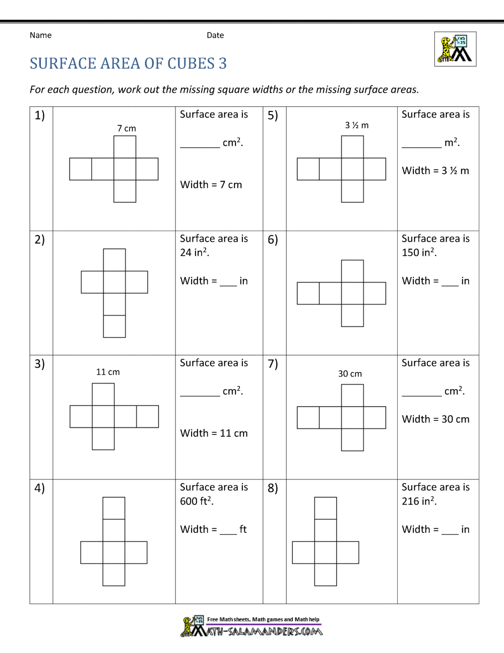 Surface Area Worksheet 6th Grade