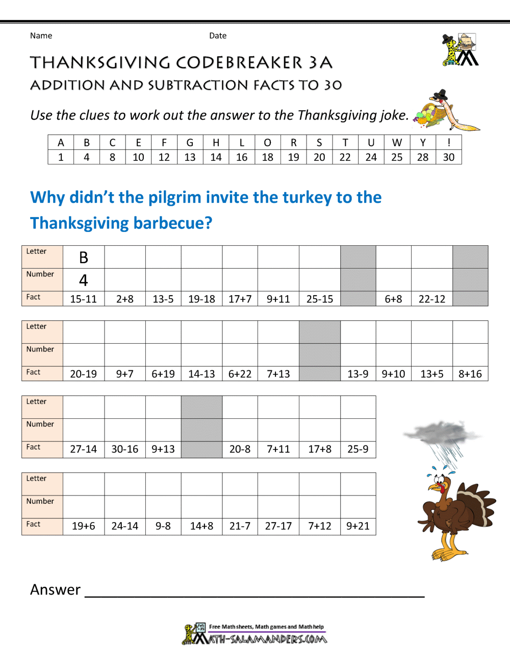 Math Thanksgiving Worksheets PDF Free Download