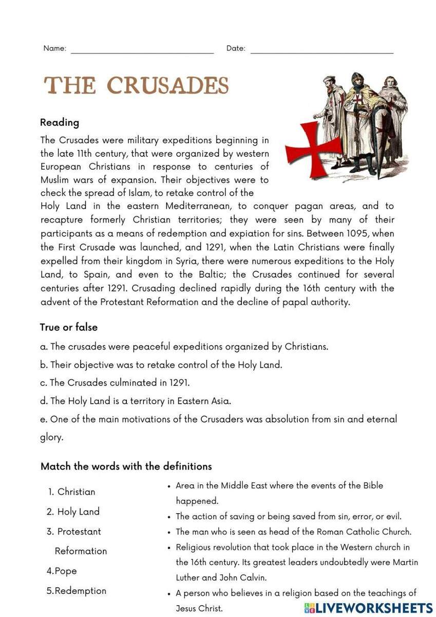 The Crusades Quiz Worksheet For Kids Study