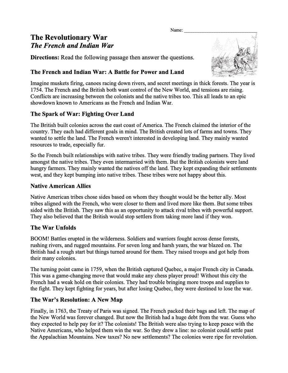 The French And Indian War Worksheet Revolutionary War Activity Worksheets Library