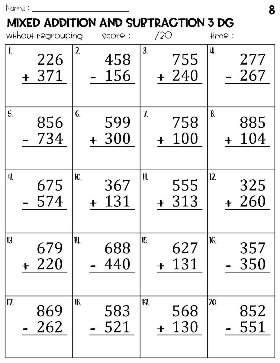 Three Digit Mixed Addition And Subtraction Without Regrouping Worksheets Etsy