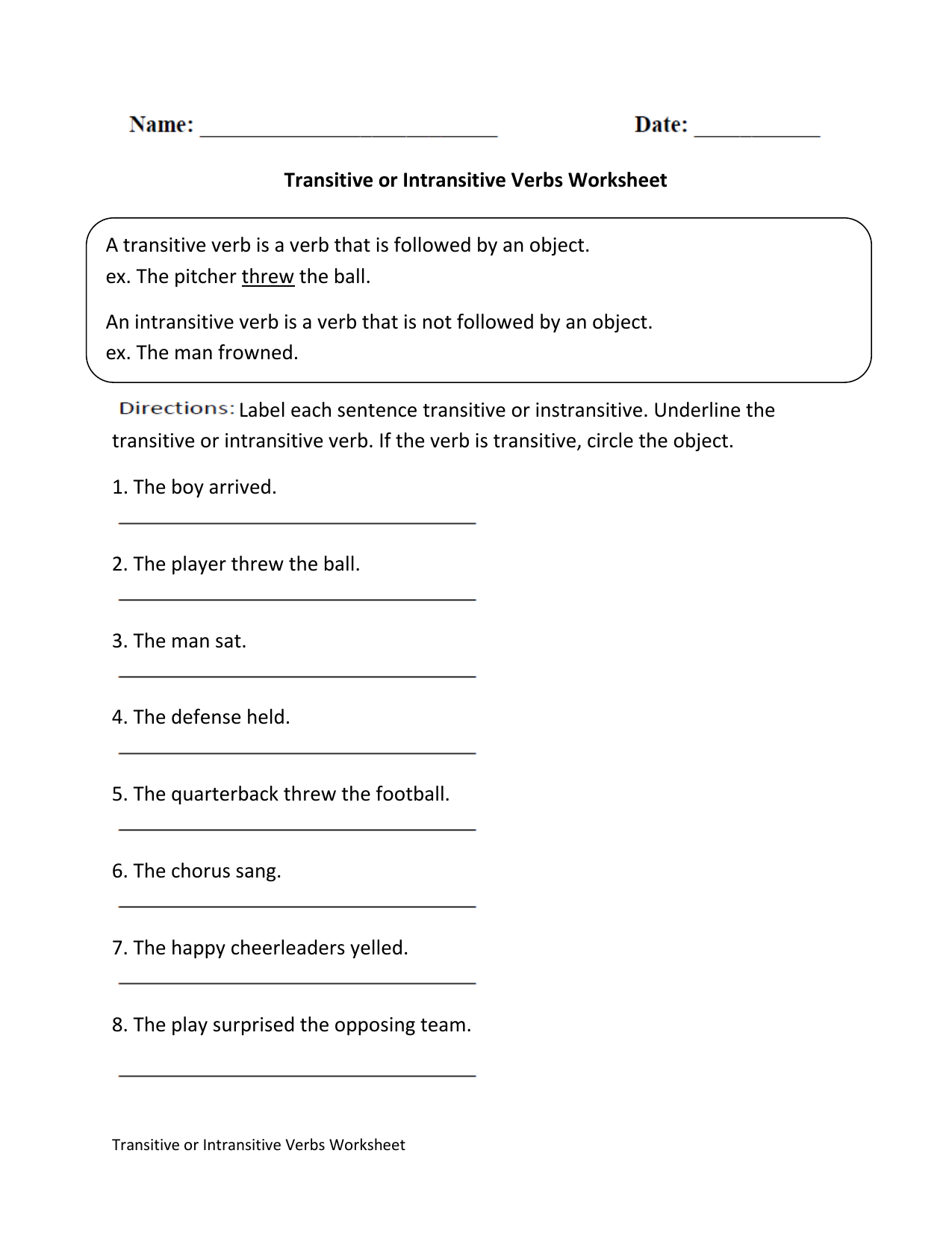 Transitive Intransitive Verbs Worksheet