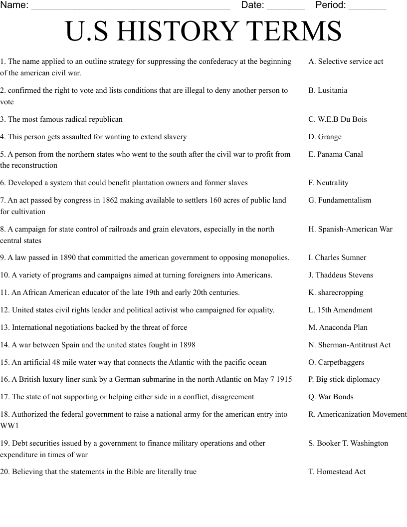 U S HISTORY TERMS Worksheet WordMint U S HISTORY TERMS Worksheet WordMint