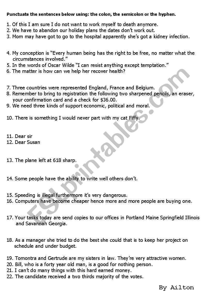 USING COLONS SEMI COLONS AND HYPHENS ESL Worksheet By Ailton USING COLONS SEMI COLONS AND HYPHENS ESL Worksheet By Ailton
