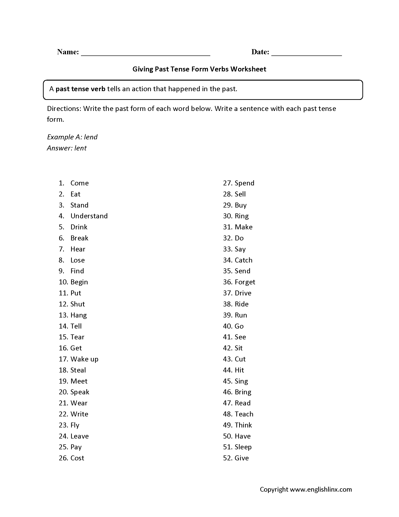 Verbs Worksheets Verbs Tenses Worksheets