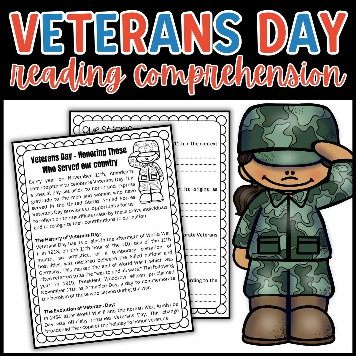 Veterans Day Reading Comprehension Questions Patriot Day Worksheets Made By Teachers