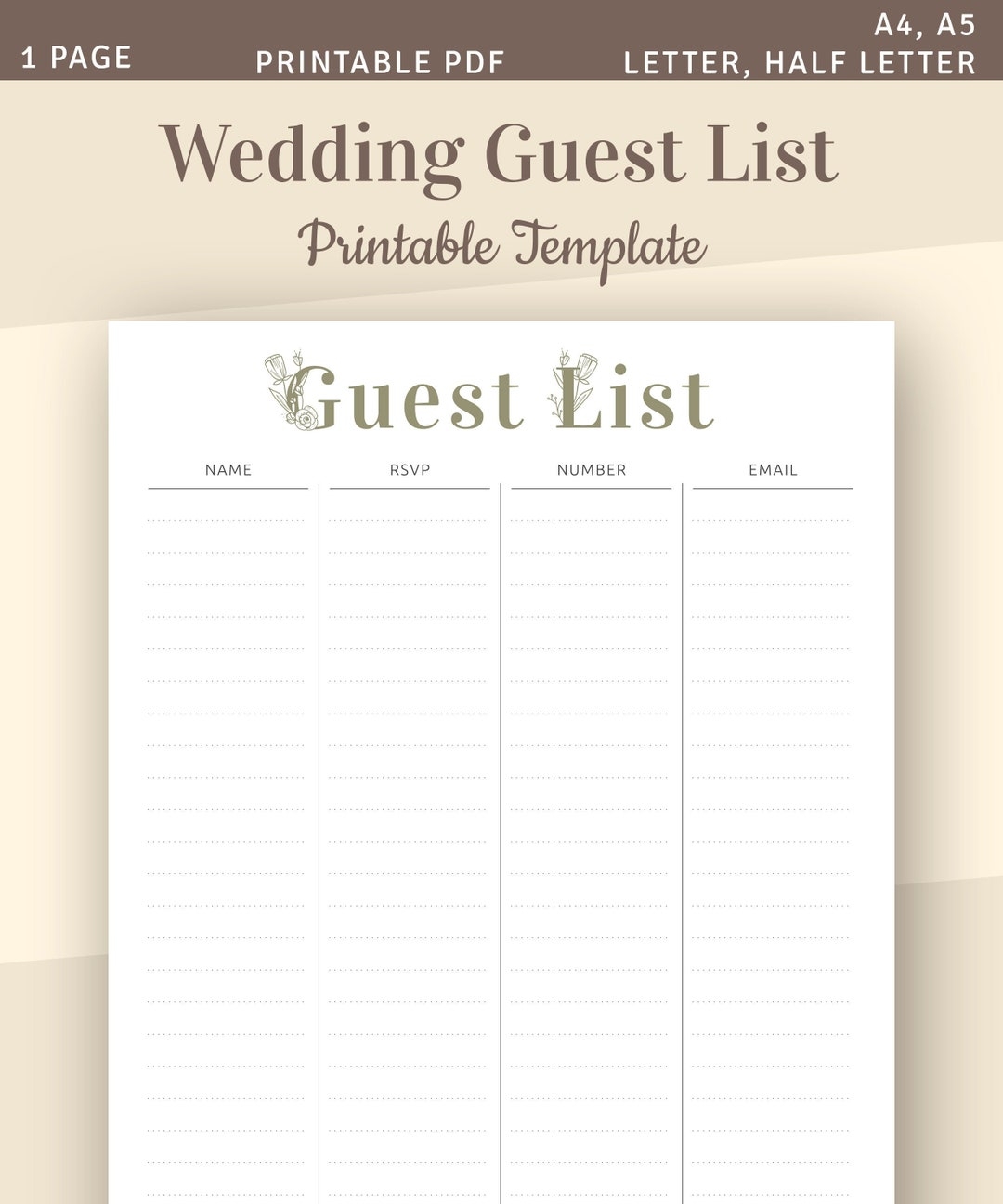 Wedding Guest List Printable Template A4 A5 Letter Etsy Printable Wedding Guest List Wedding Planner Event Planning Guest Tracker Print At Home Instant Download PDF US Letter A4 Etsy