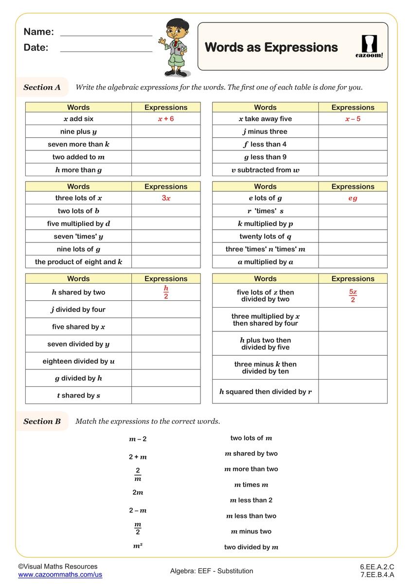 Words As Expressions Worksheet Fun And Engaging 6th Grade And 7th Grade Algebra EEF Worksheet Cazoom Math